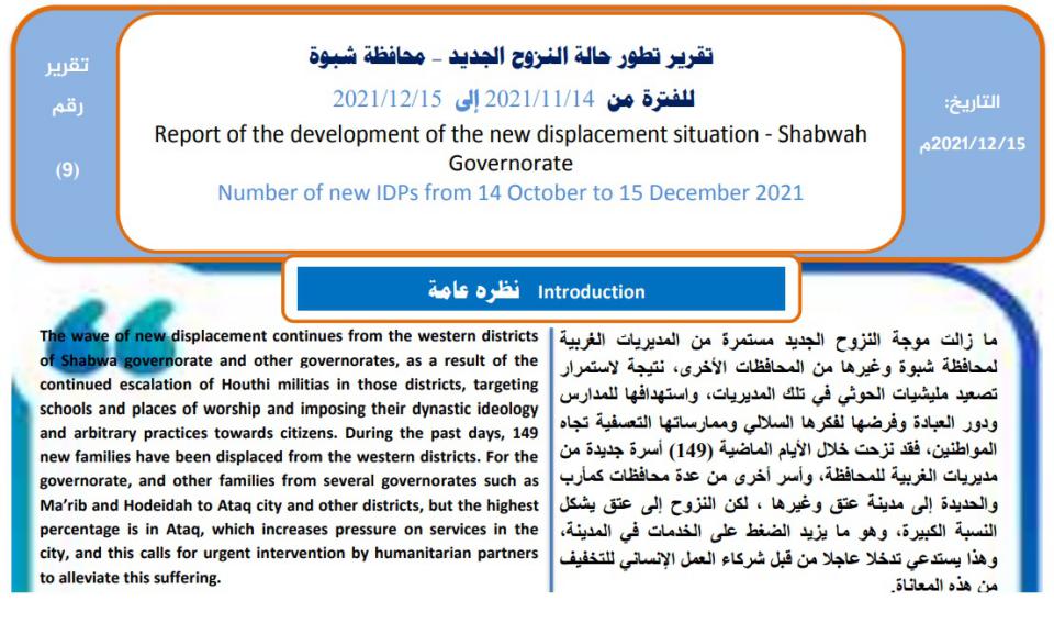 تطورات النزوح في شبوة والتقرير التراكمي 29 يوليو – 15 ديسمبر 2021