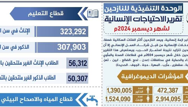 تقارير الاحتياجات الإنسانية للنازحين في اليمن أكتوبر ونوفمبر وديسمبر 2024